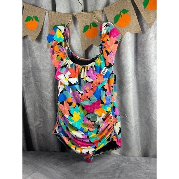 Swim Solutions Plus Size Tummy Control Off-The-Shoulder Ruffled Swimsuit Sz 18W - Picture 1 of 6